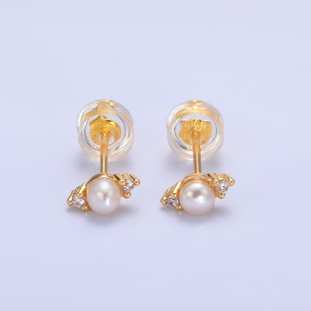 24K Gold Filled Clear CZ Shell Pearl Mini Stud Earrings | V081 - DLUXCA