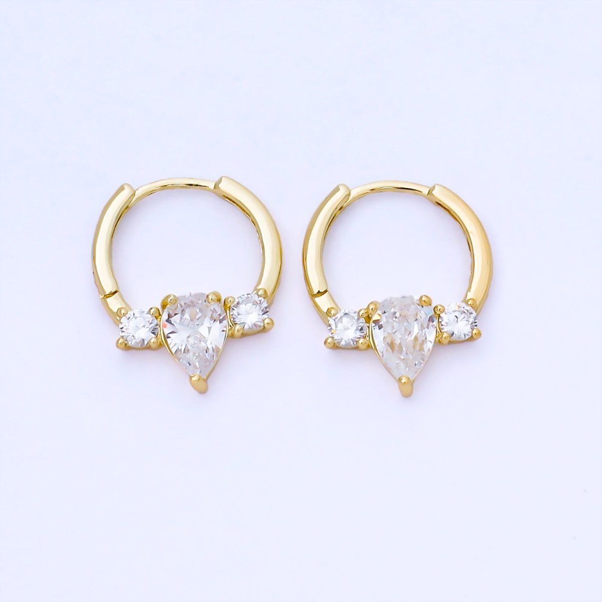 24K Gold Filled Clear CZ Side Three CZ Cluster 15mm Cartilage Huggie Earrings | AB1624 - DLUXCA