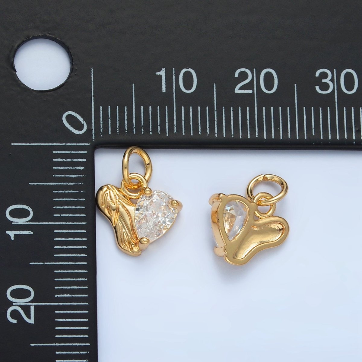 24K Gold Filled Clear CZ Teardrop Engraved Leaf Nature Heart Charm | X293 - DLUXCA