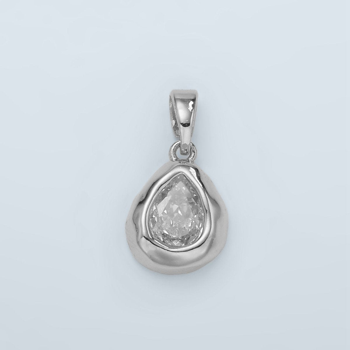 24K Gold Filled Clear CZ Teardrop Hammered Bezel Pendant | H515 - DLUXCA