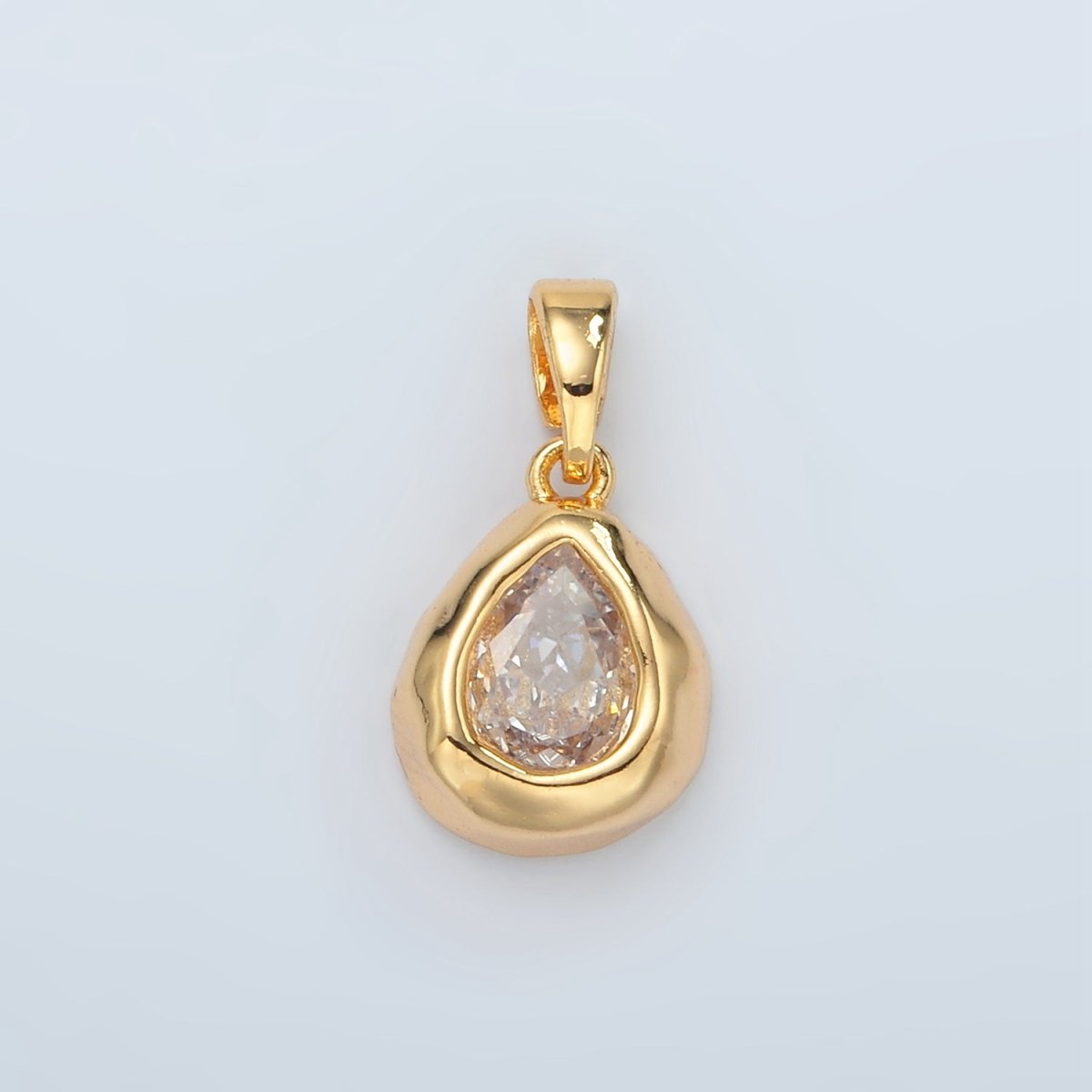 24K Gold Filled Clear CZ Teardrop Hammered Bezel Pendant | H515 - DLUXCA