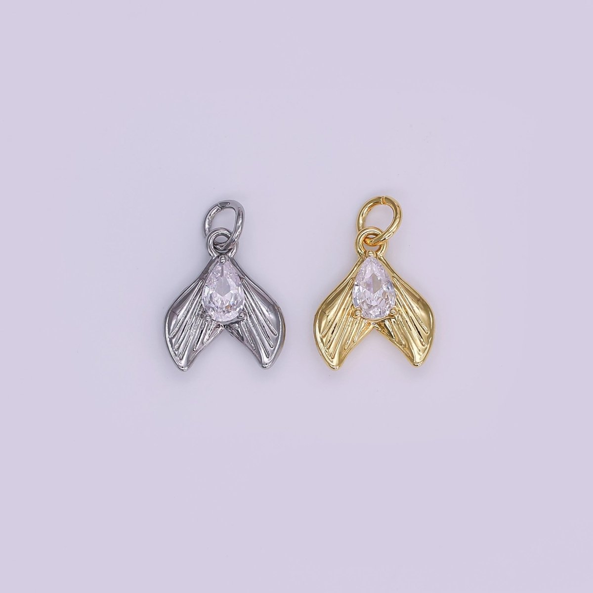 24K Gold Filled Clear CZ Teardrop Lined Fish Tail Charm in Gold & Silver | N858 - DLUXCA
