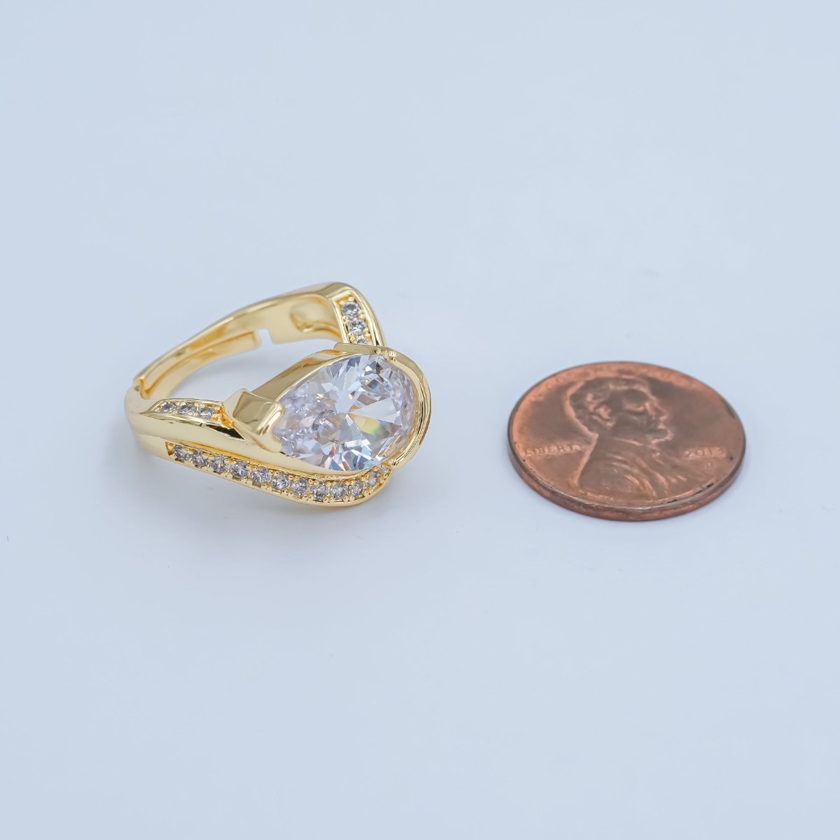 24K Gold Filled Clear CZ Teardrop Micro Paved Curved Ring | O625 - DLUXCA
