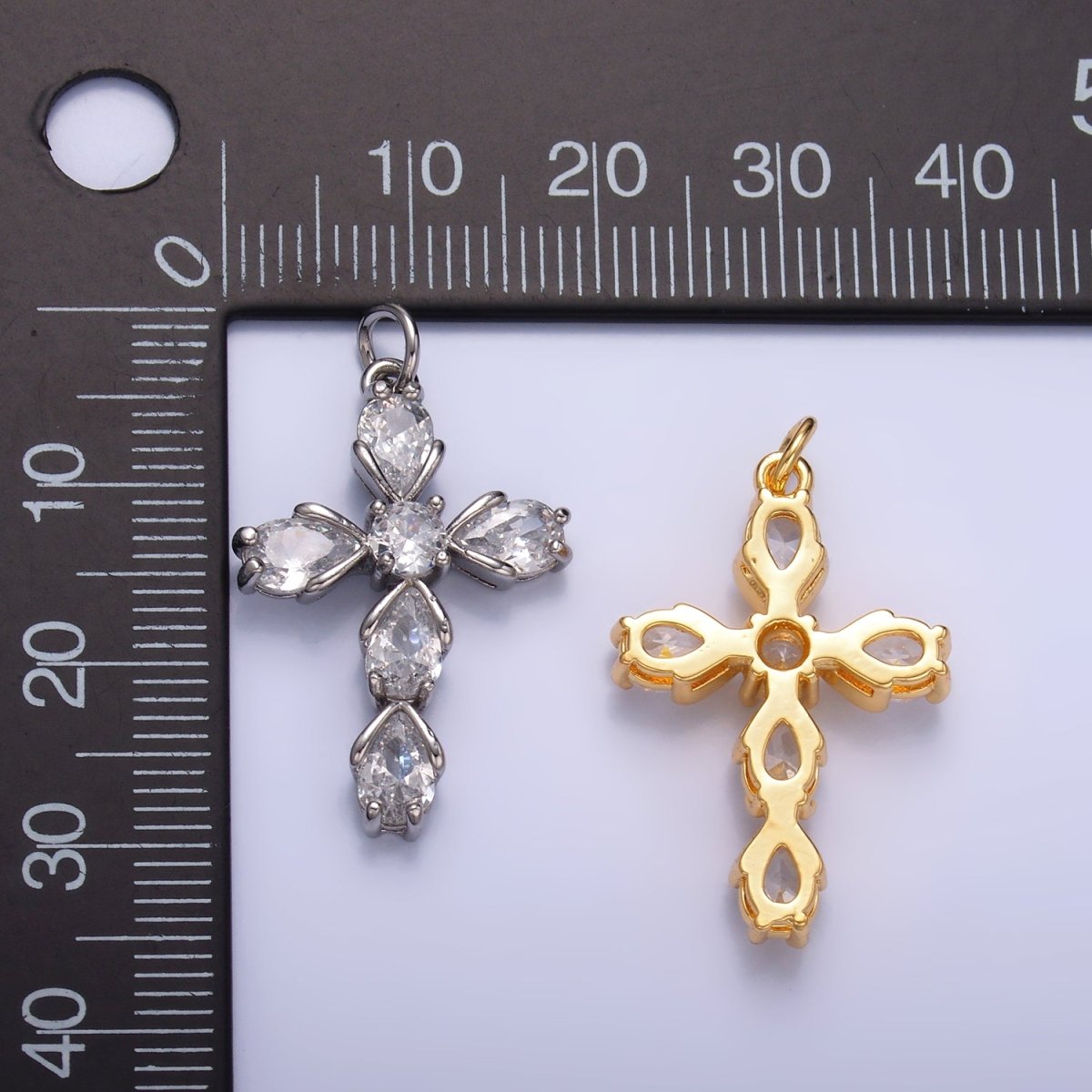 24K Gold Filled Clear CZ Teardrop Religious Cross Charm in Gold & Silver | W410 - DLUXCA