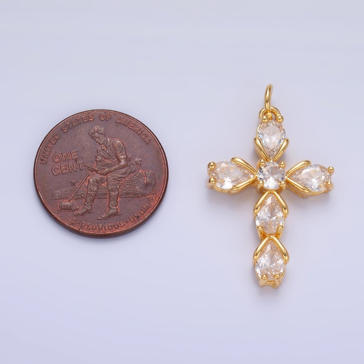 24K Gold Filled Clear CZ Teardrop Religious Cross Charm in Gold & Silver | W410 - DLUXCA