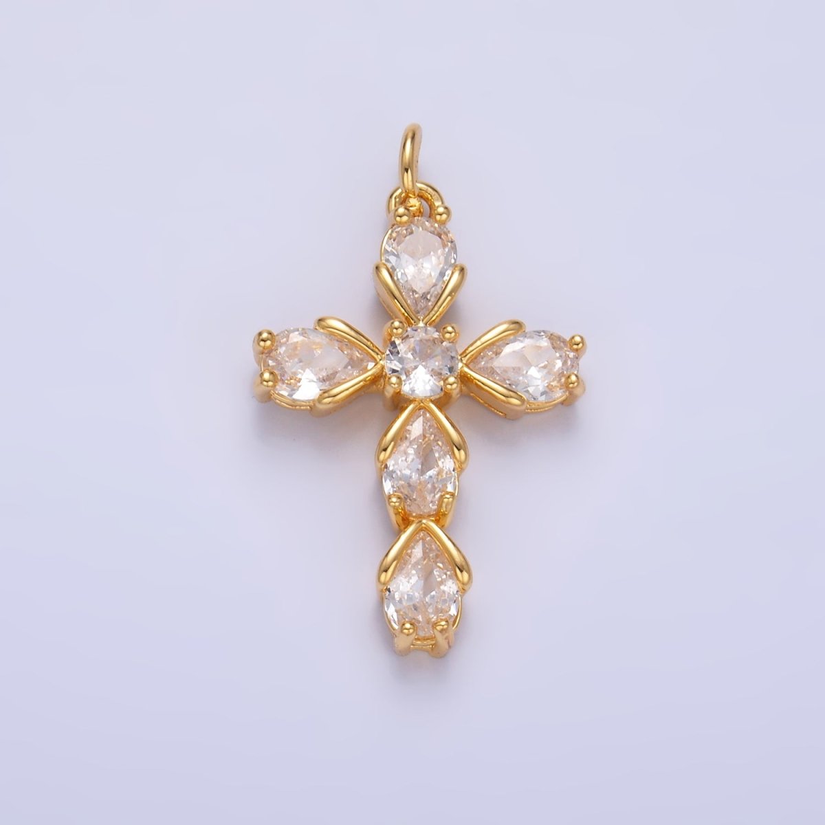 24K Gold Filled Clear CZ Teardrop Religious Cross Charm in Gold & Silver | W410 - DLUXCA