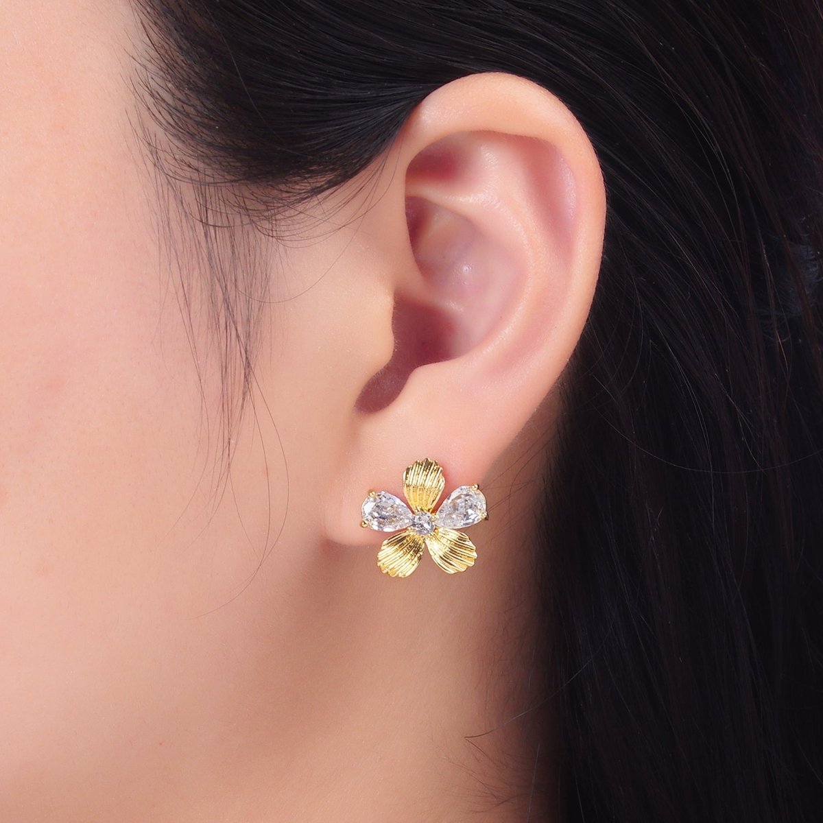 24K Gold Filled Clear CZ Textured Flower Stud Earrings in Gold & Silver | AB722 AB723 - DLUXCA