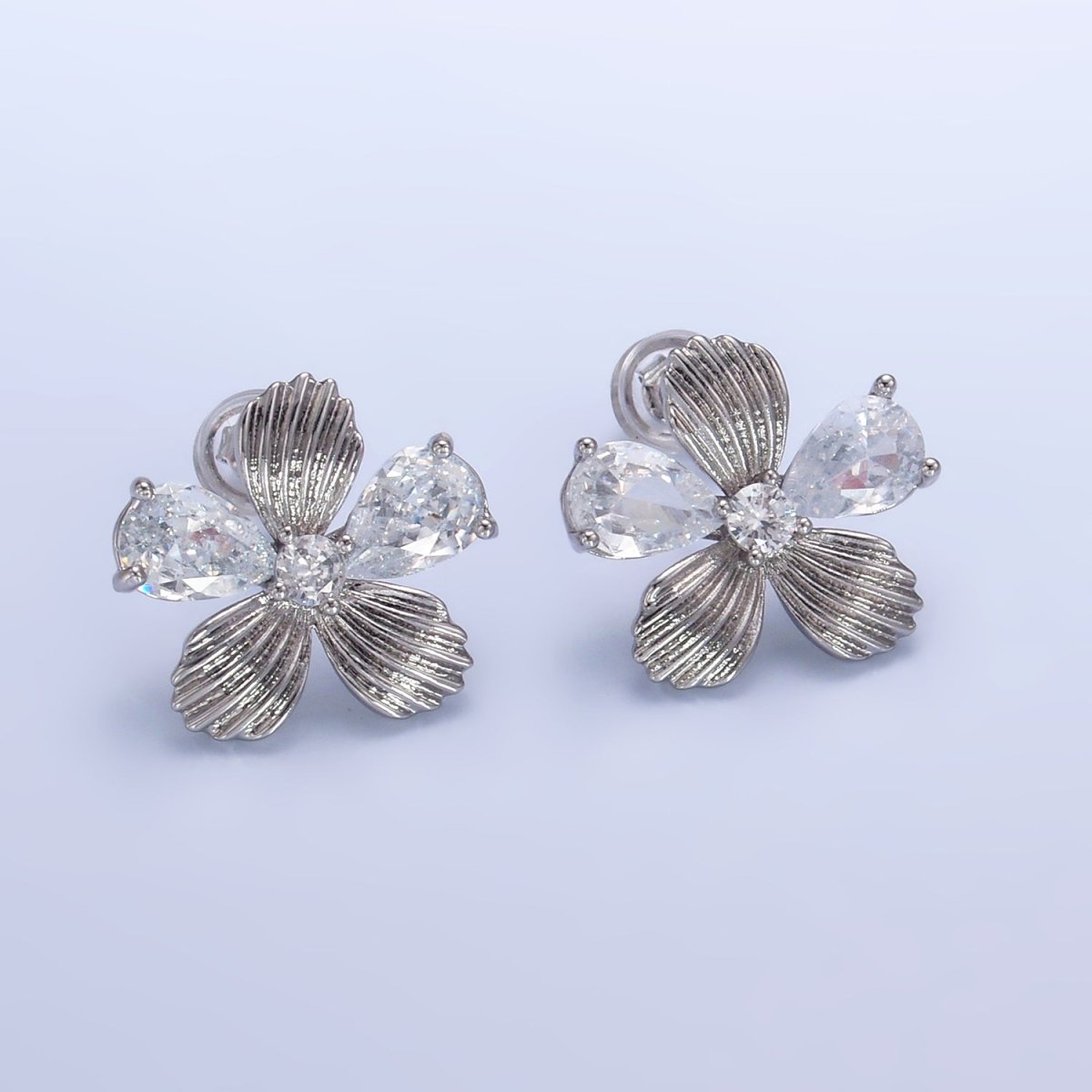 24K Gold Filled Clear CZ Textured Flower Stud Earrings in Gold & Silver | AB722 AB723 - DLUXCA