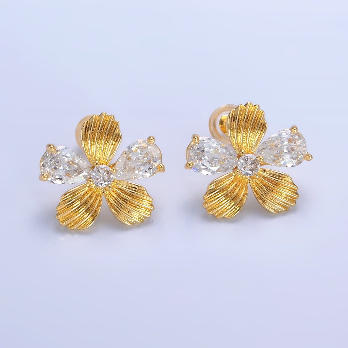 24K Gold Filled Clear CZ Textured Flower Stud Earrings in Gold & Silver | AB722 AB723 - DLUXCA