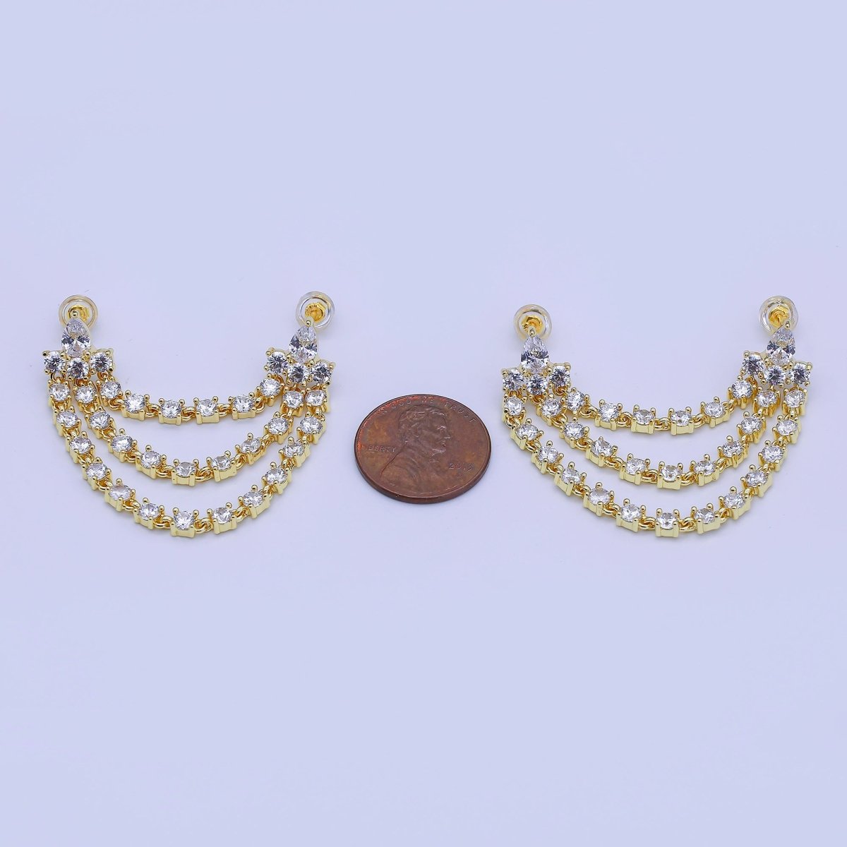 24K Gold Filled Clear CZ Triple Tennis Chain Drop Double Stud Earrings in Gold & Silver | V148 Q440 - DLUXCA