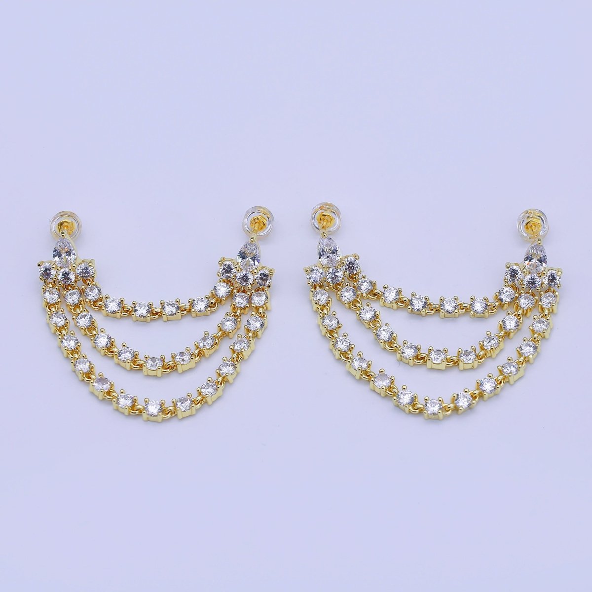 24K Gold Filled Clear CZ Triple Tennis Chain Drop Double Stud Earrings in Gold & Silver | V148 Q440 - DLUXCA