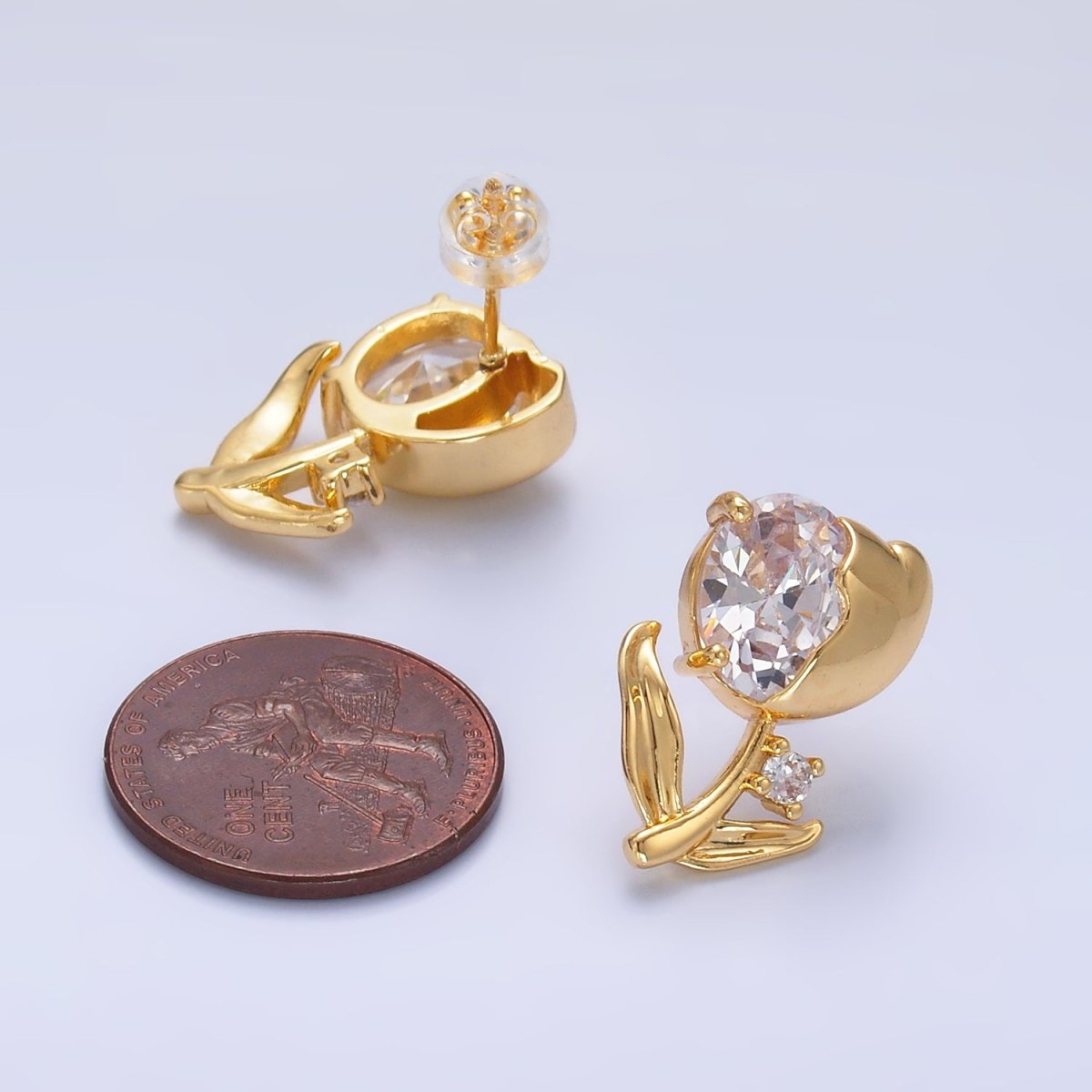 24K Gold Filled Clear CZ Tulip Flower Stud Earrings | AB793 - DLUXCA