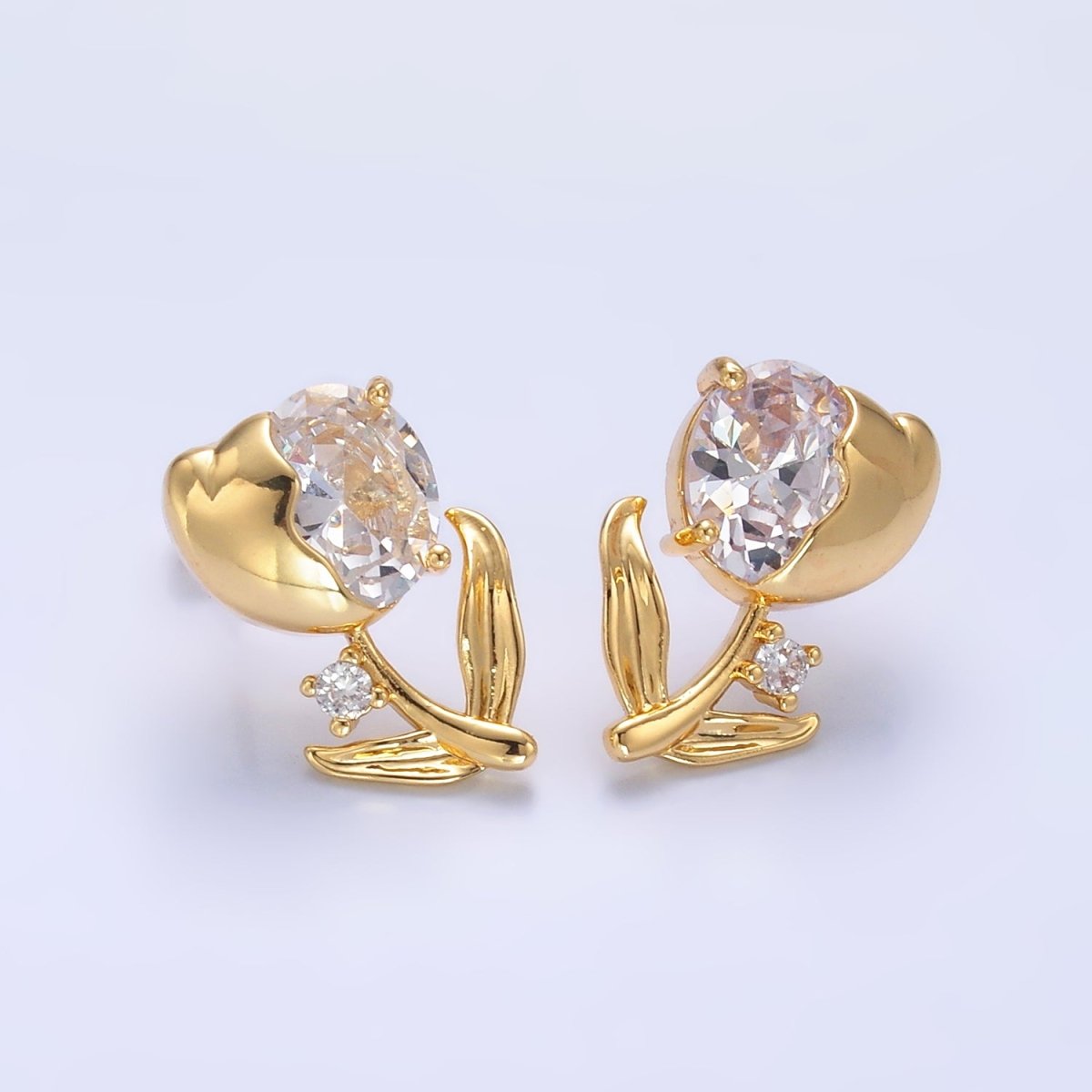 24K Gold Filled Clear CZ Tulip Flower Stud Earrings | AB793 - DLUXCA