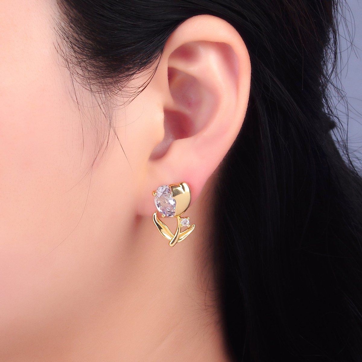 24K Gold Filled Clear CZ Tulip Flower Stud Earrings | AB793 - DLUXCA