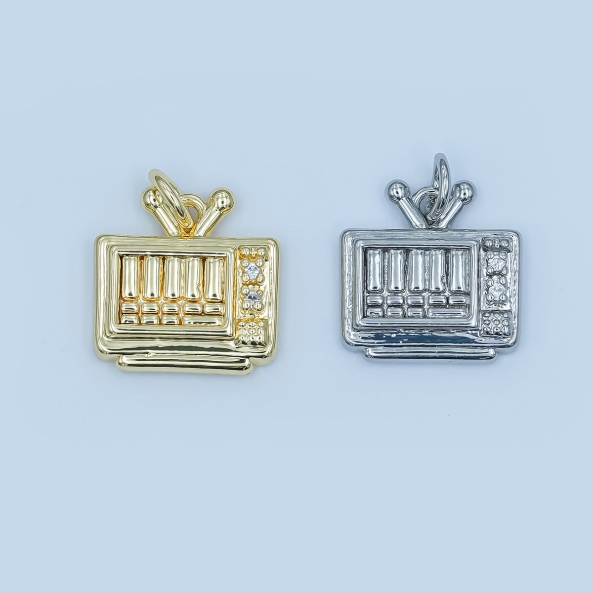 24K Gold Filled Clear CZ Vintage Retro Television TV Charm in Gold & Silver | E494 - DLUXCA