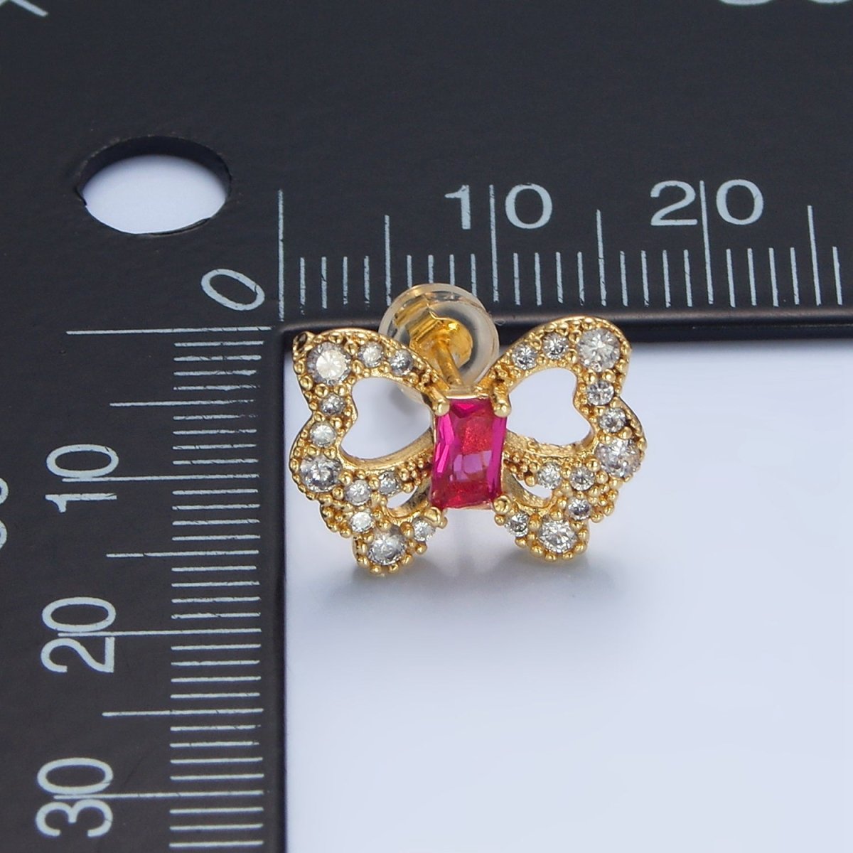 24K Gold Filled Clear, Fuchsia Baguette Micro Paved CZ Butterfly Stud Earrings | AD773 - DLUXCA