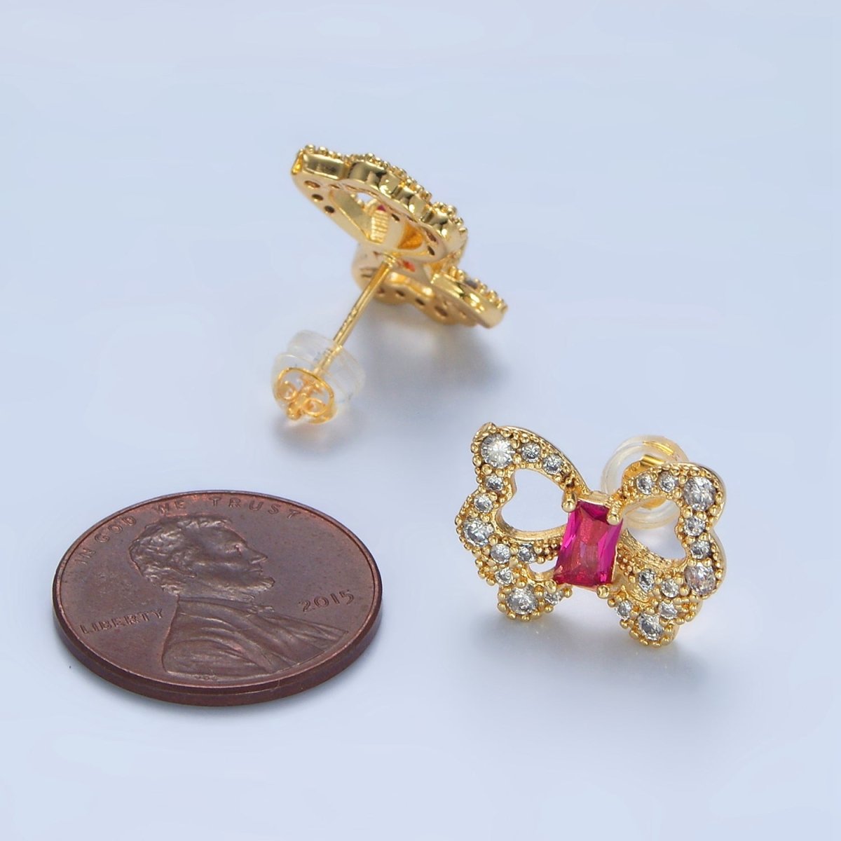 24K Gold Filled Clear, Fuchsia Baguette Micro Paved CZ Butterfly Stud Earrings | AD773 - DLUXCA