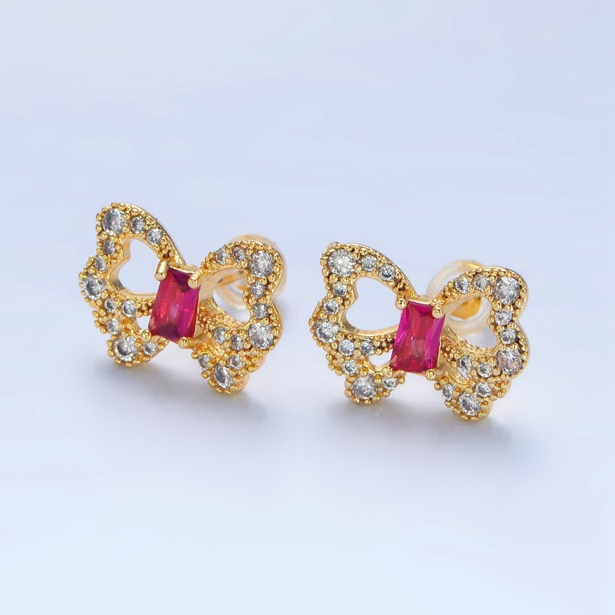 24K Gold Filled Clear, Fuchsia Baguette Micro Paved CZ Butterfly Stud Earrings | AD773 P062 - DLUXCA