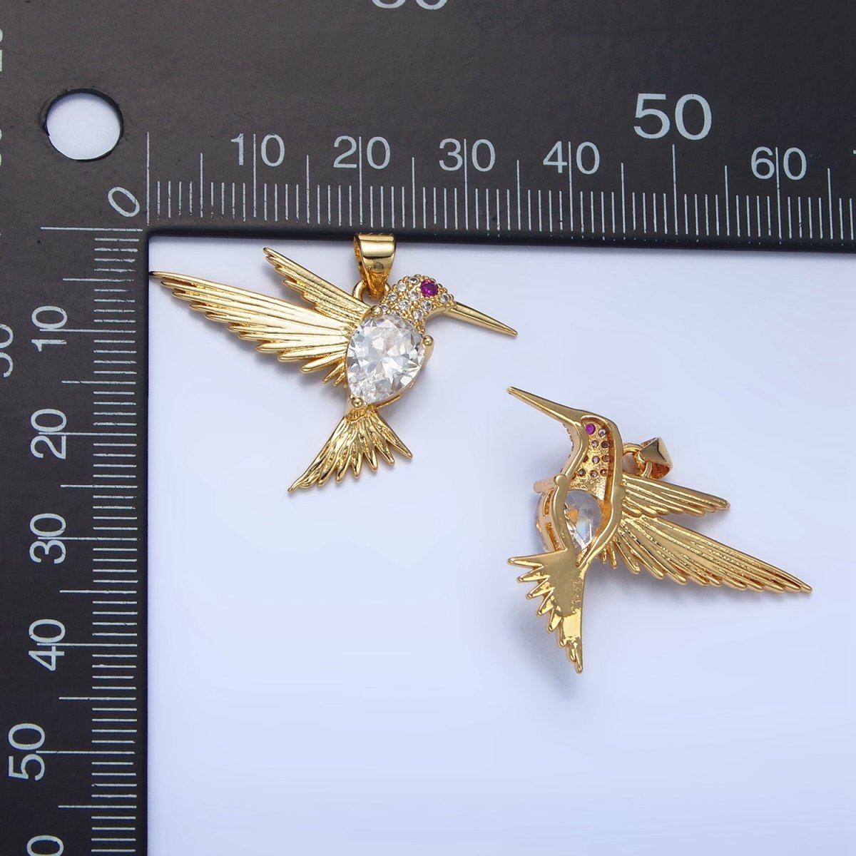 24K Gold Filled Clear Fuchsia CZ Micro Paved Hummingbird Animal Pendant | AA141 - DLUXCA