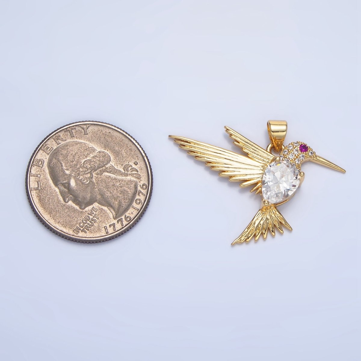 24K Gold Filled Clear Fuchsia CZ Micro Paved Hummingbird Animal Pendant | AA141 - DLUXCA