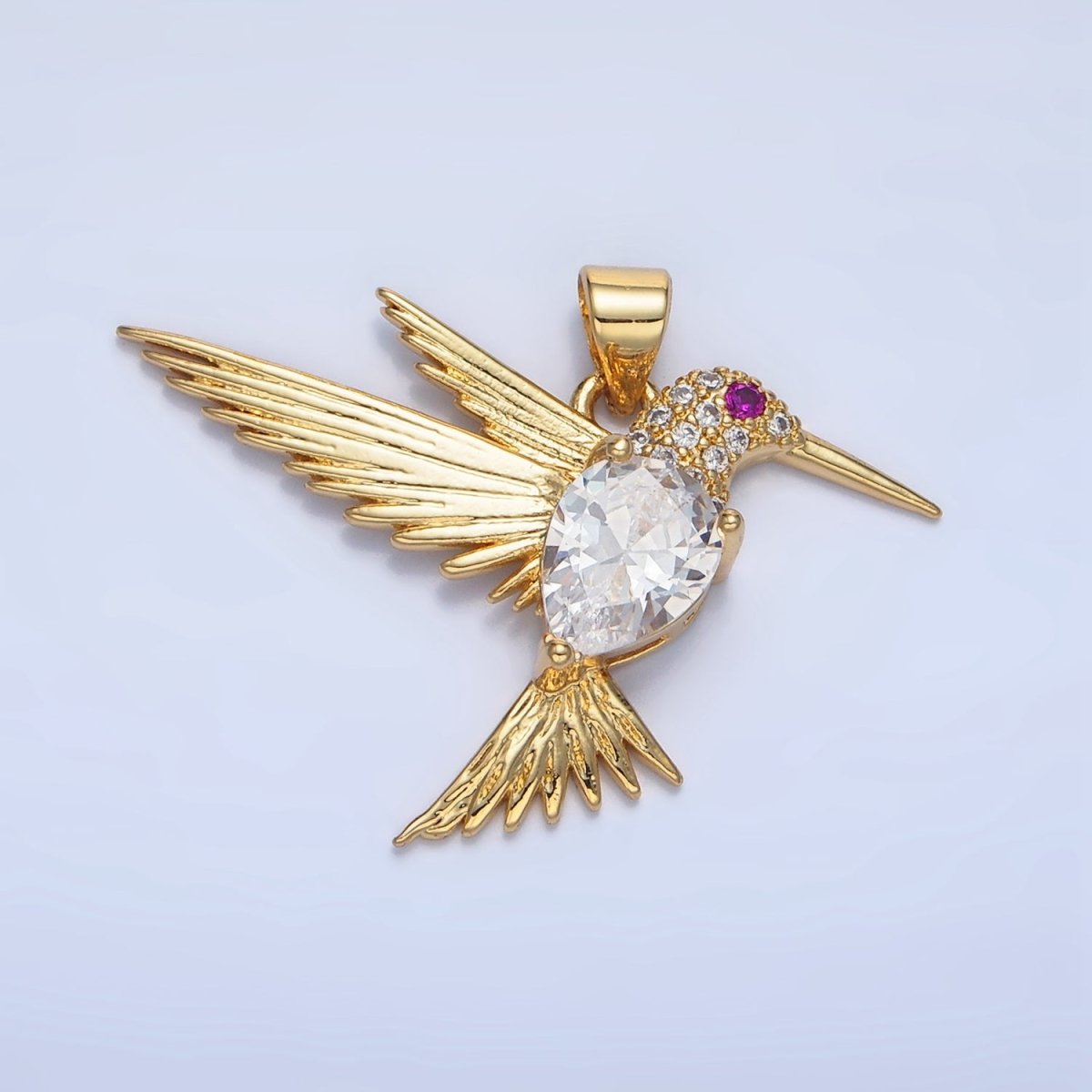 24K Gold Filled Clear Fuchsia CZ Micro Paved Hummingbird Animal Pendant | AA141 - DLUXCA