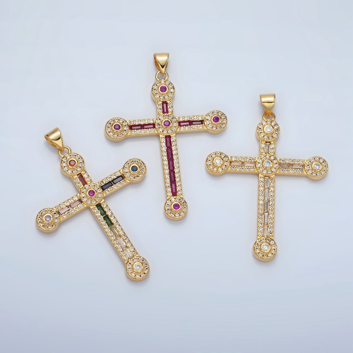 24K Gold Filled Clear, Fuchsia, Multicolor Baguette Micro Paved Round Religious Cross Pendant | I423 I424 - DLUXCA