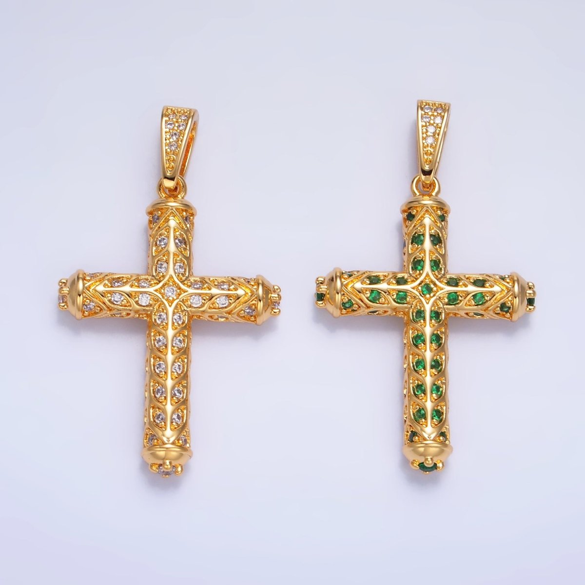 24K Gold Filled Clear, Green CZ Artisan Religious Cross Pendant | AA1077 AA1078 - DLUXCA