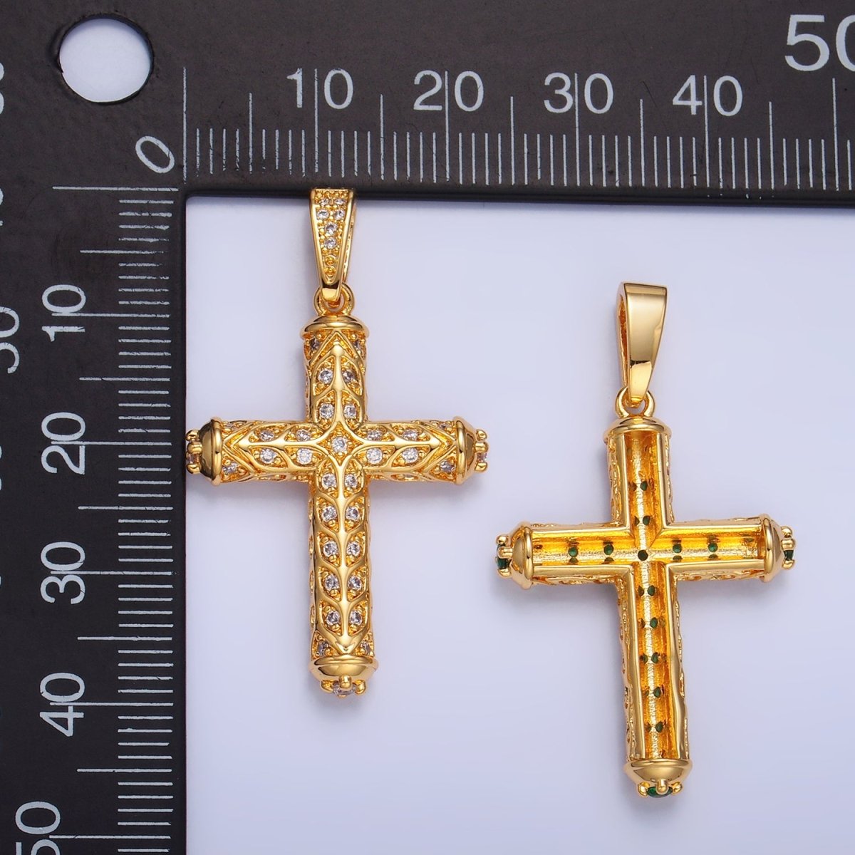 24K Gold Filled Clear, Green CZ Artisan Religious Cross Pendant | AA1077 AA1078 - DLUXCA