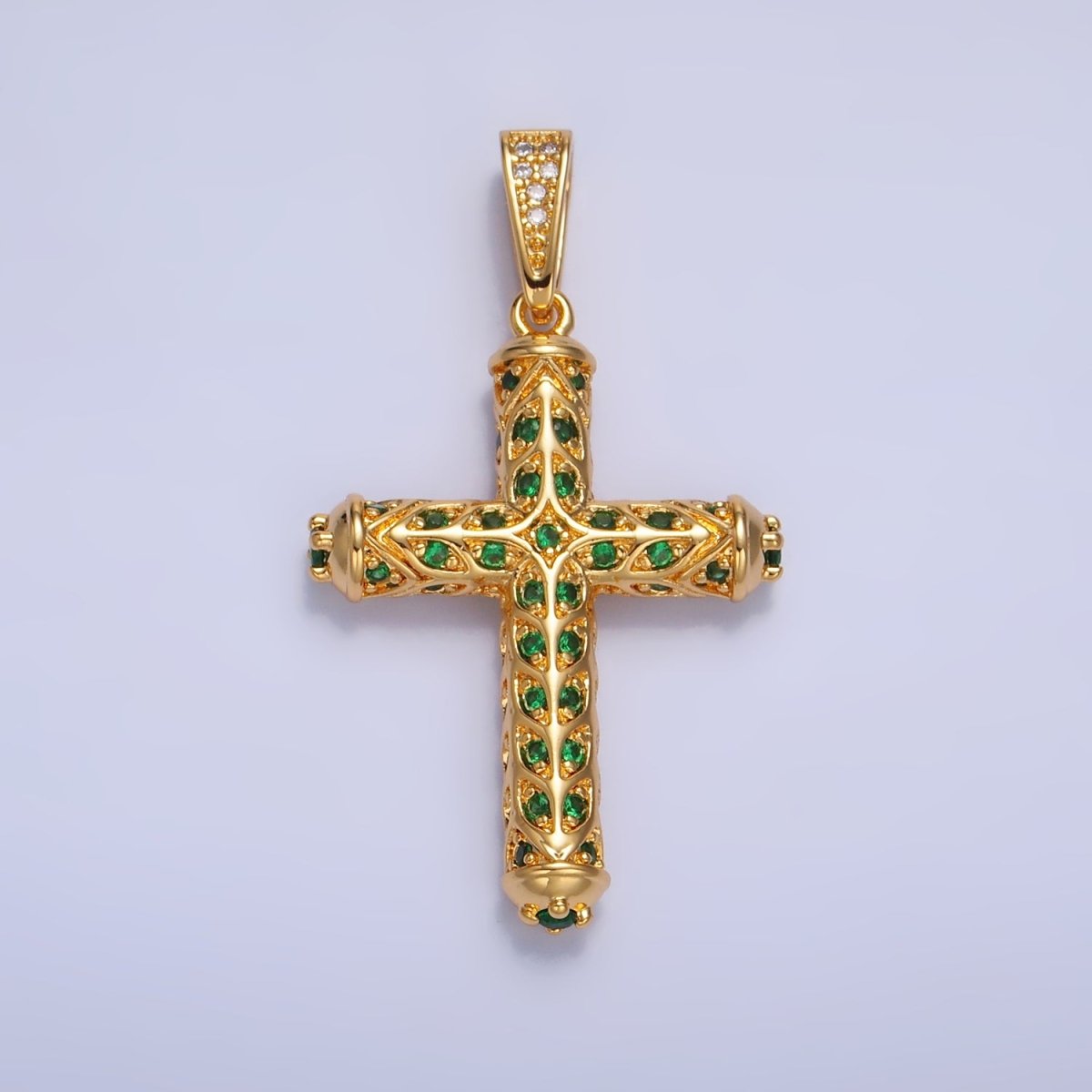 24K Gold Filled Clear, Green CZ Artisan Religious Cross Pendant | AA1077 AA1078 - DLUXCA