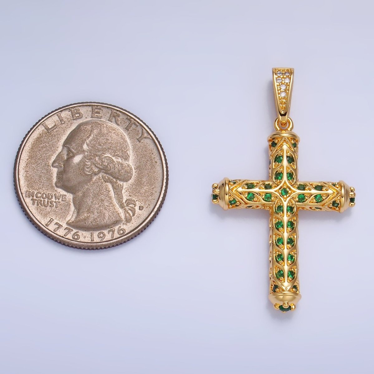 24K Gold Filled Clear, Green CZ Artisan Religious Cross Pendant | AA1077 AA1078 - DLUXCA