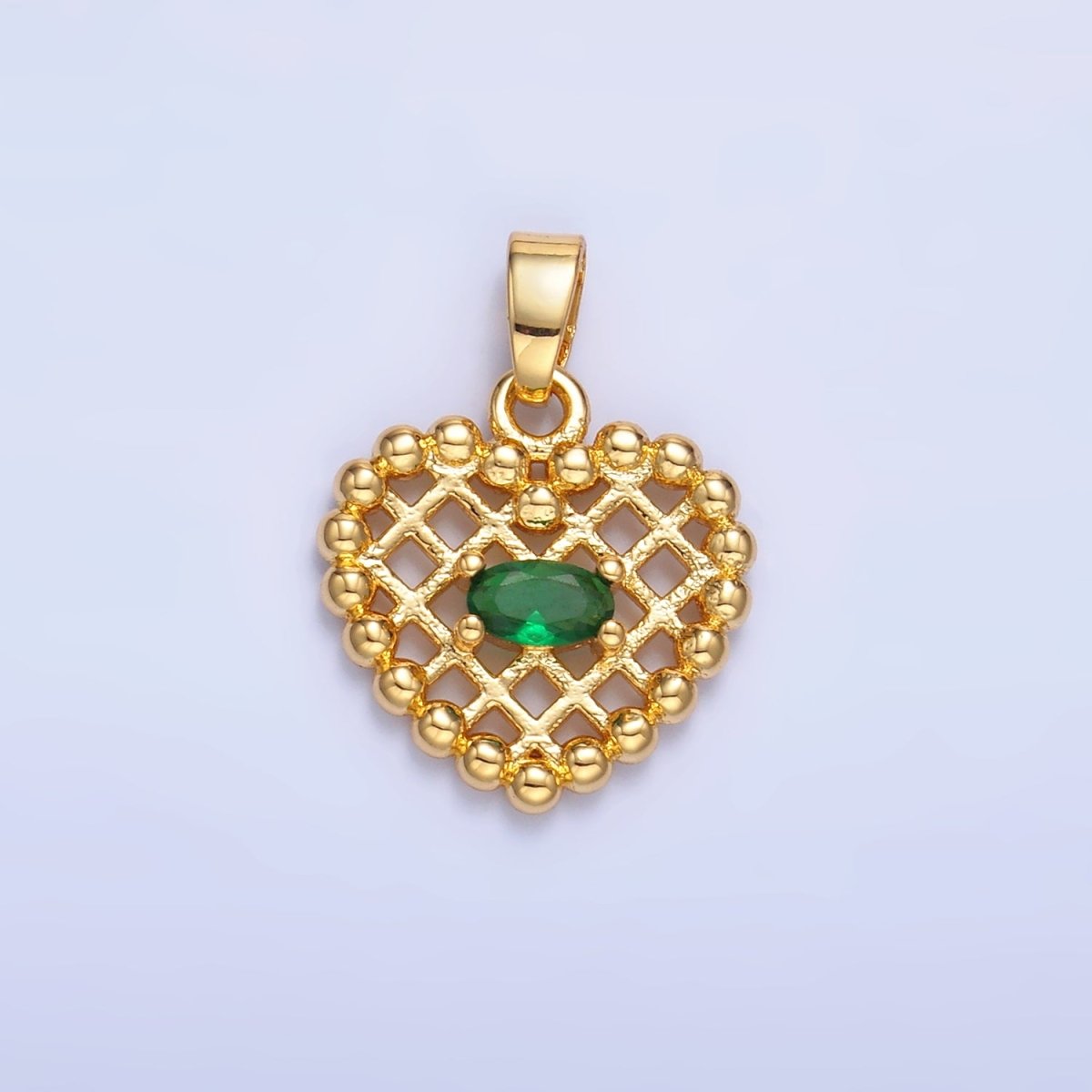 24K Gold Filled Clear, Green CZ Beaded Ball Heart Pendant in Gold & Silver | AA1431 AA1432 - DLUXCA