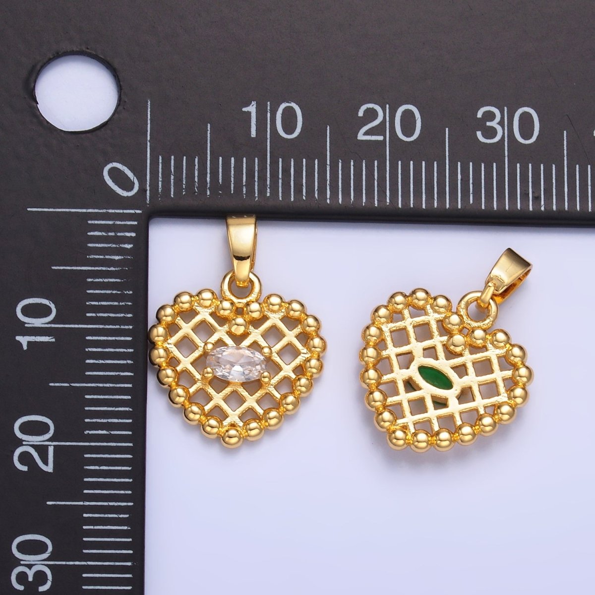 24K Gold Filled Clear, Green CZ Beaded Ball Heart Pendant in Gold & Silver | AA1431 AA1432 - DLUXCA