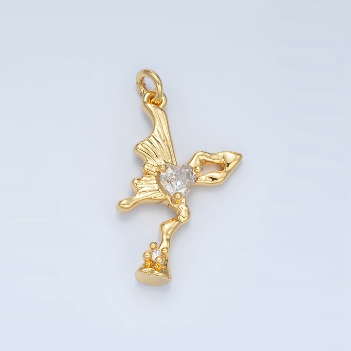 24K Gold Filled Clear Heart CZ Molten Butterfly Wings Charm in Gold & Silver | E385 - DLUXCA