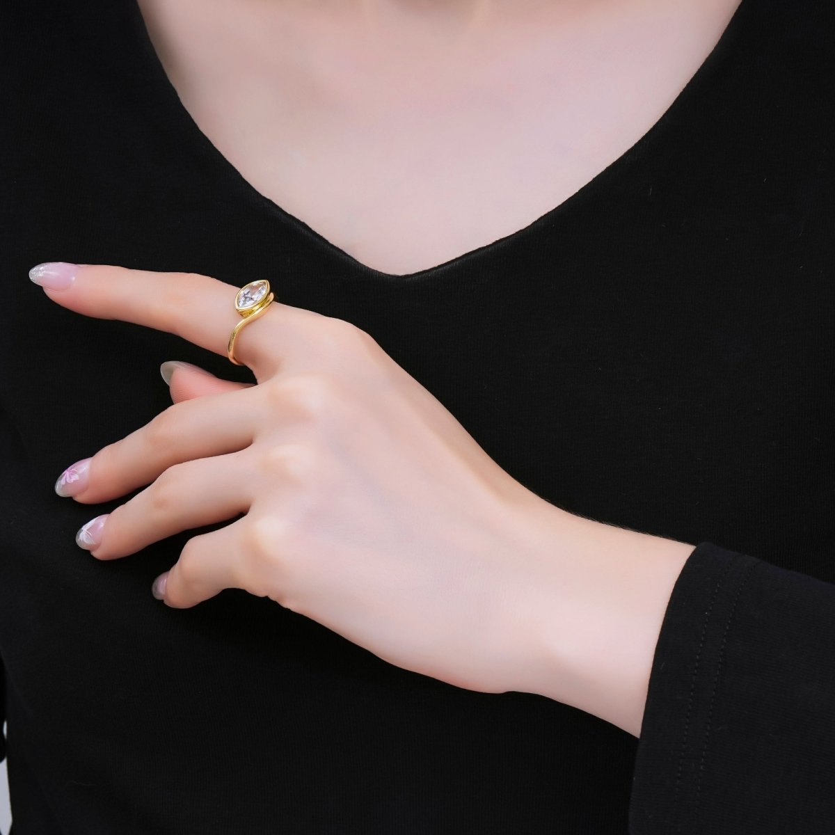 24K Gold Filled Clear Marquise CZ Eye - Like Solitaire Adjustable Ring | O1456 - DLUXCA