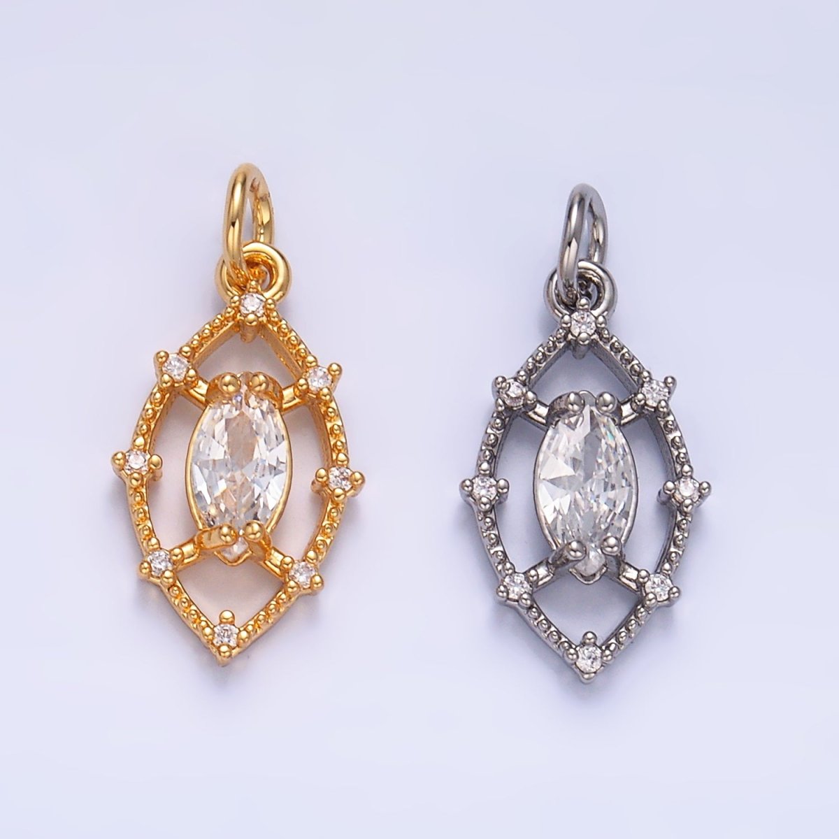 24K Gold Filled Clear Marquise CZ Open Dotted Outline Geometric Charm in Gold & Silver | W417 - DLUXCA