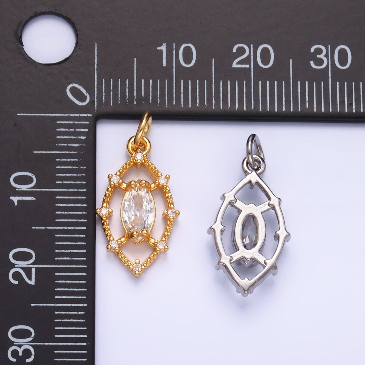 24K Gold Filled Clear Marquise CZ Open Dotted Outline Geometric Charm in Gold & Silver | W417 - DLUXCA