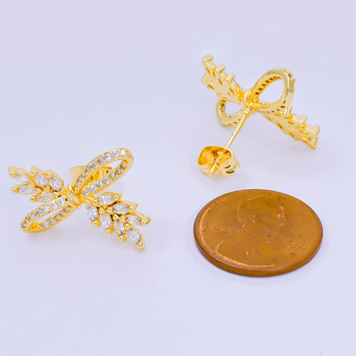 24K Gold Filled Clear Marquise Micro Paved CZ Ribbon Knot Leaf Stud Earrings | AJ104 - DLUXCA