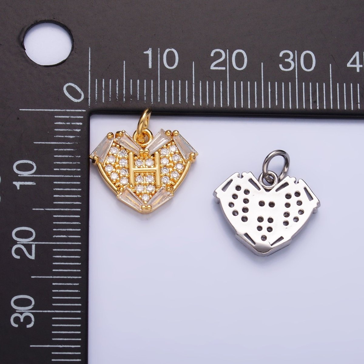 24K Gold Filled Clear Micro Paved Baguette CZ Heart Charm in Gold & Silver | W801 - DLUXCA