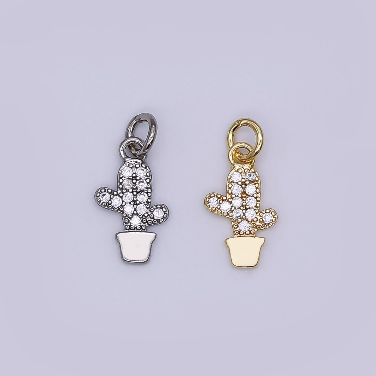 24K Gold Filled Clear Micro Paved CZ Cactus Plant Charm in Gold & Silver | AF483 - DLUXCA