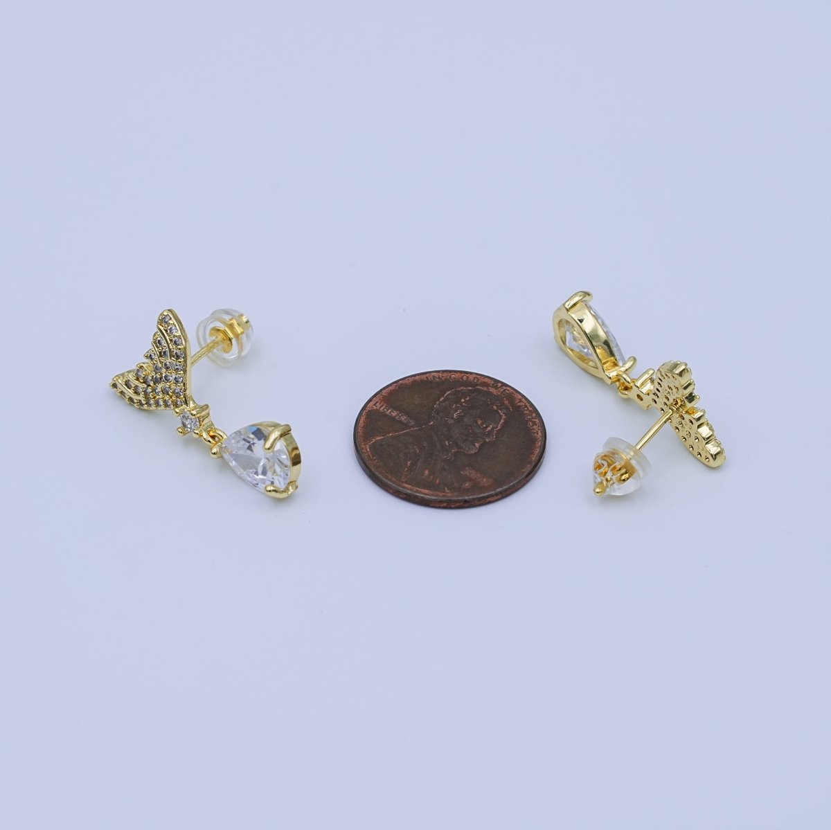 24K Gold Filled Clear Micro Paved CZ Fish Tail Drop Stud Earrings | T477 - DLUXCA
