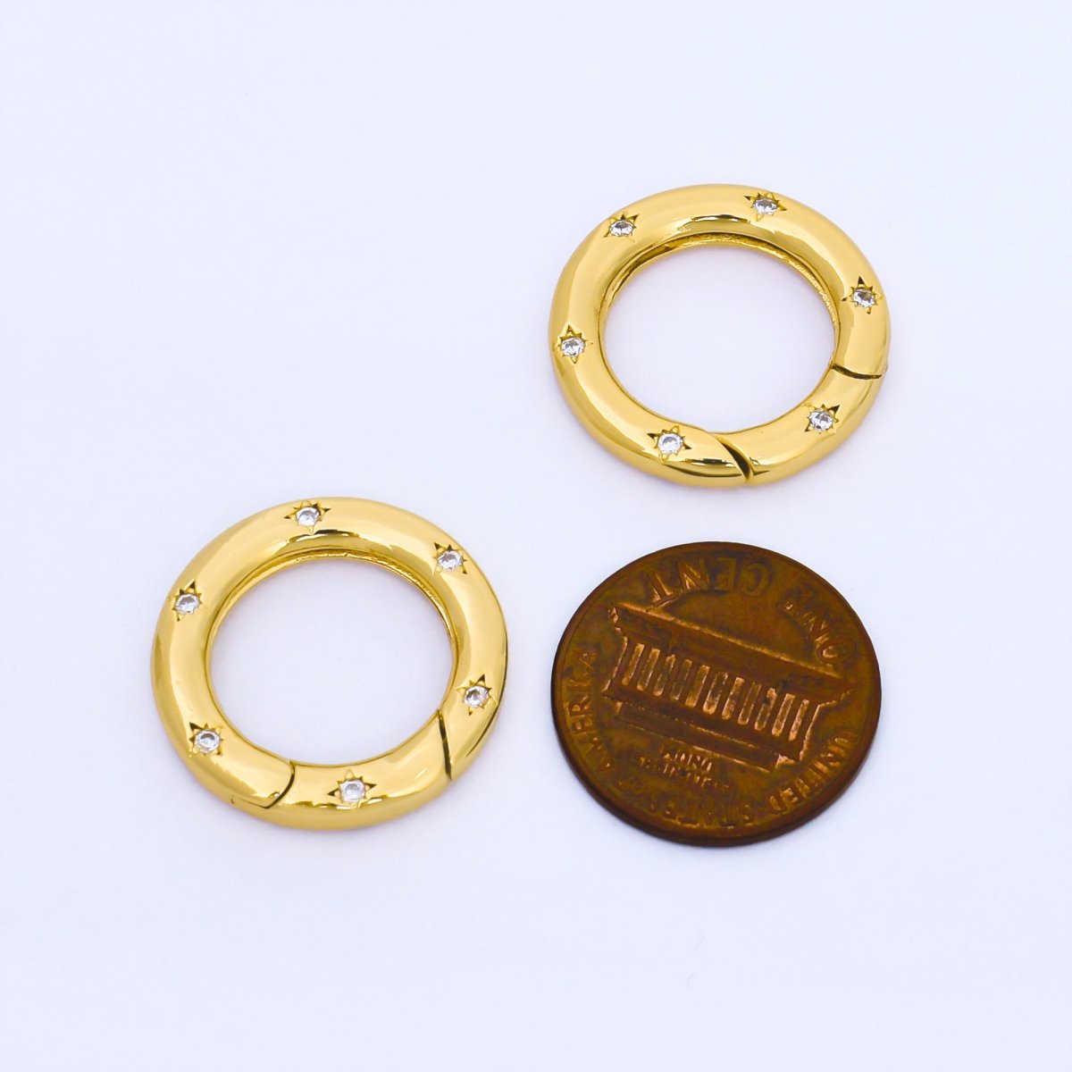 24K Gold Filled Clear Micro Paved CZ Round Spring Gate Ring Charm Holder Z1489 - DLUXCA
