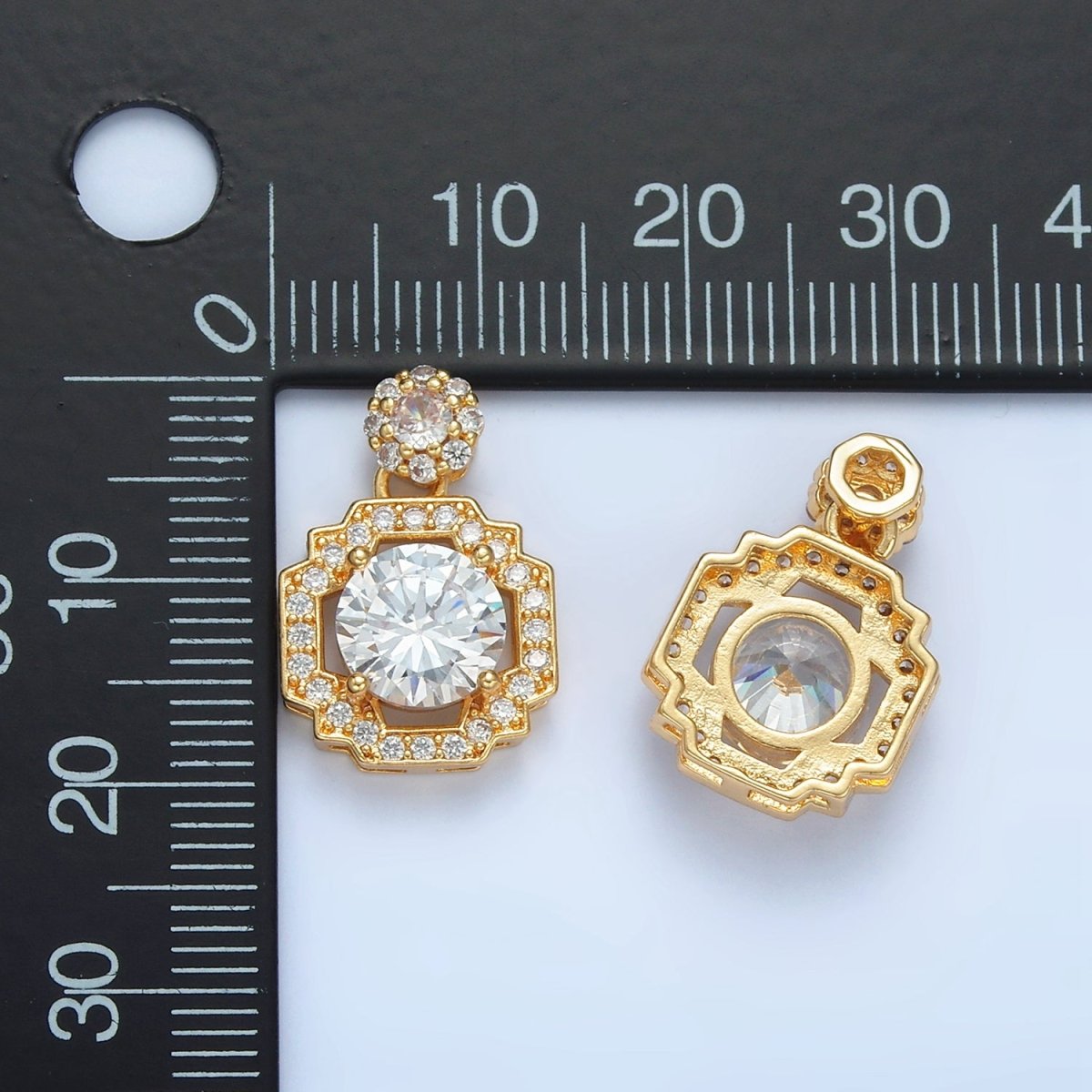 24K Gold Filled Clear Micro Paved Geometric Square Round Drop Pendant | AA893 - DLUXCA