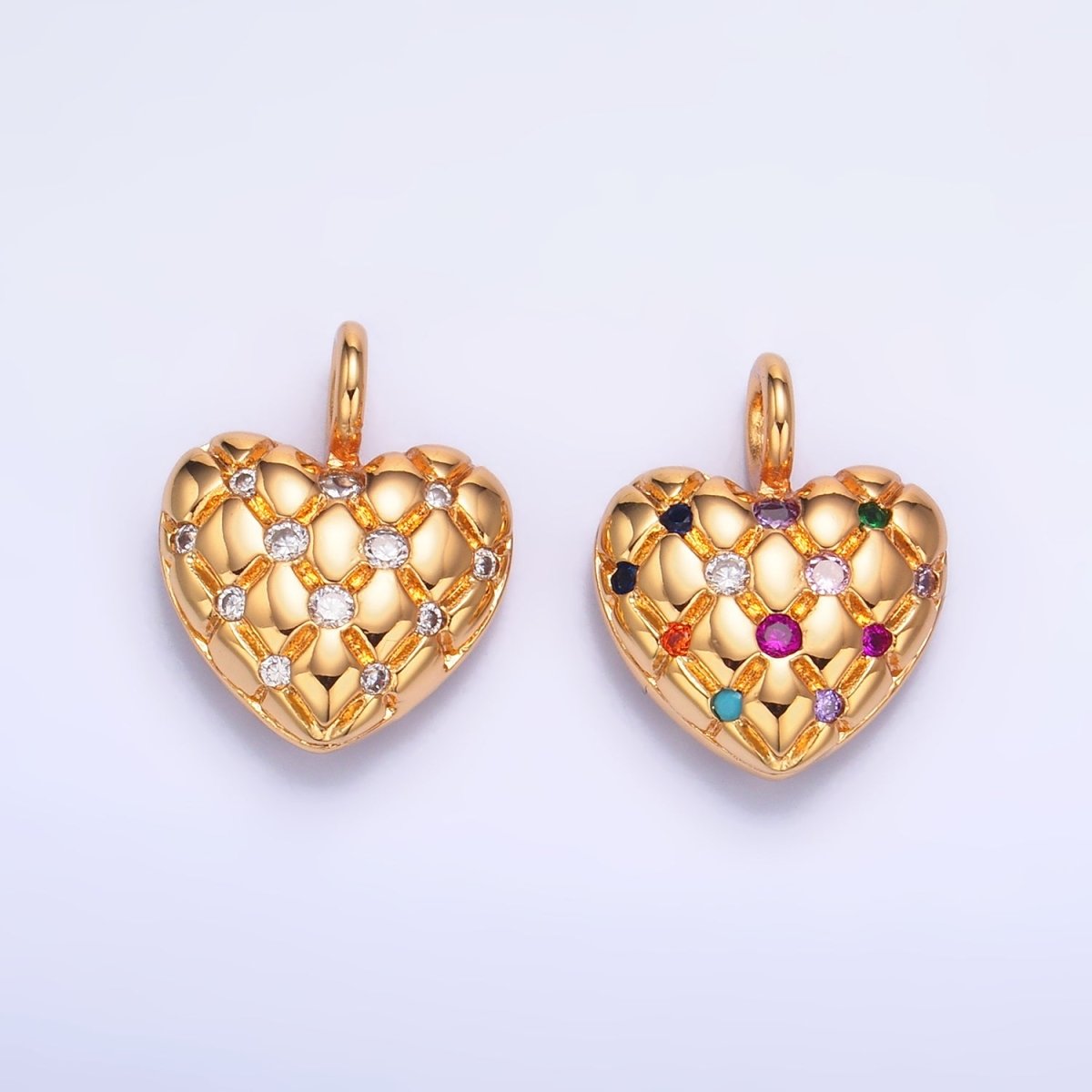 24K Gold Filled Clear, Multicolor CZ Quilted Heart Charm | W262 W263 - DLUXCA