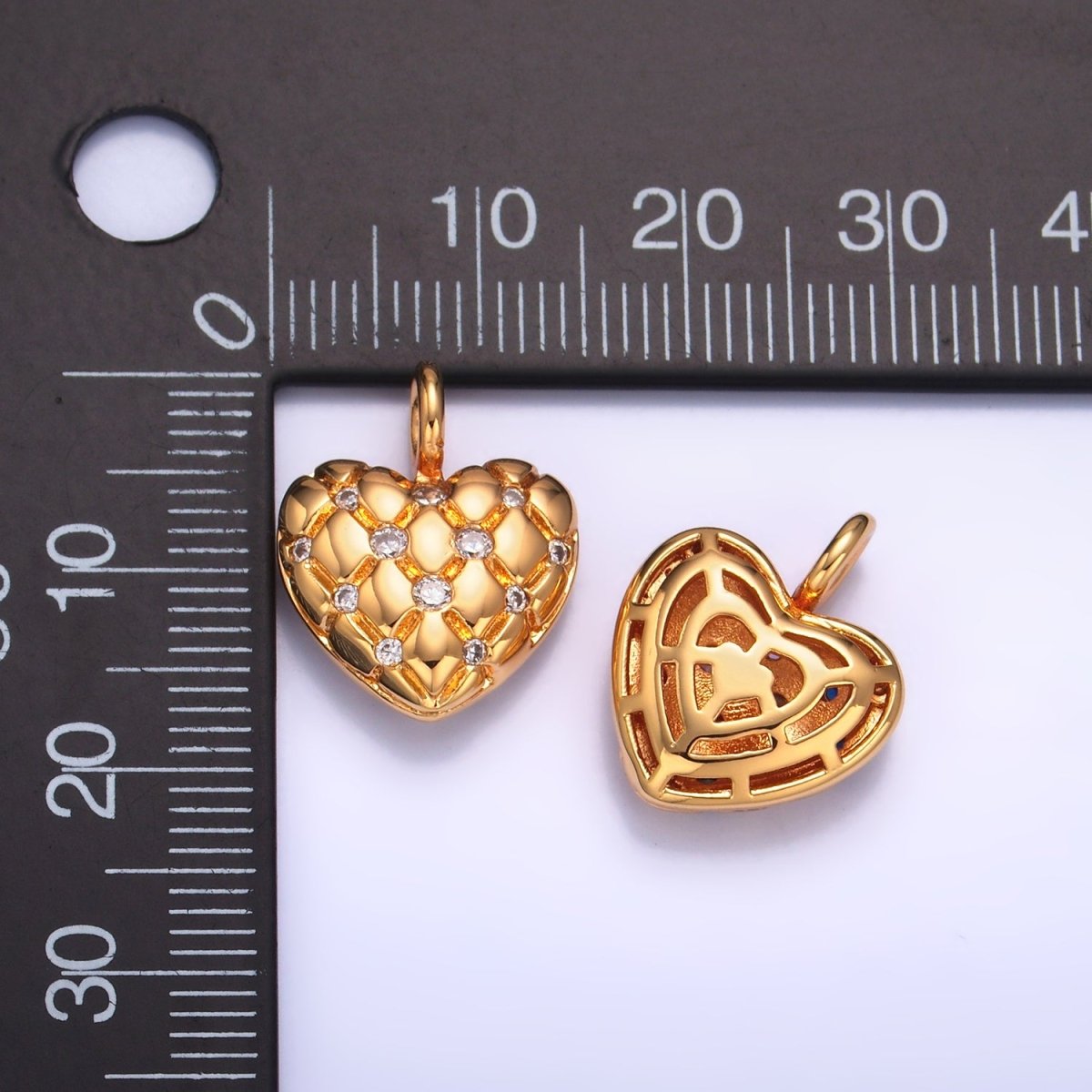 24K Gold Filled Clear, Multicolor CZ Quilted Heart Charm | W262 W263 - DLUXCA