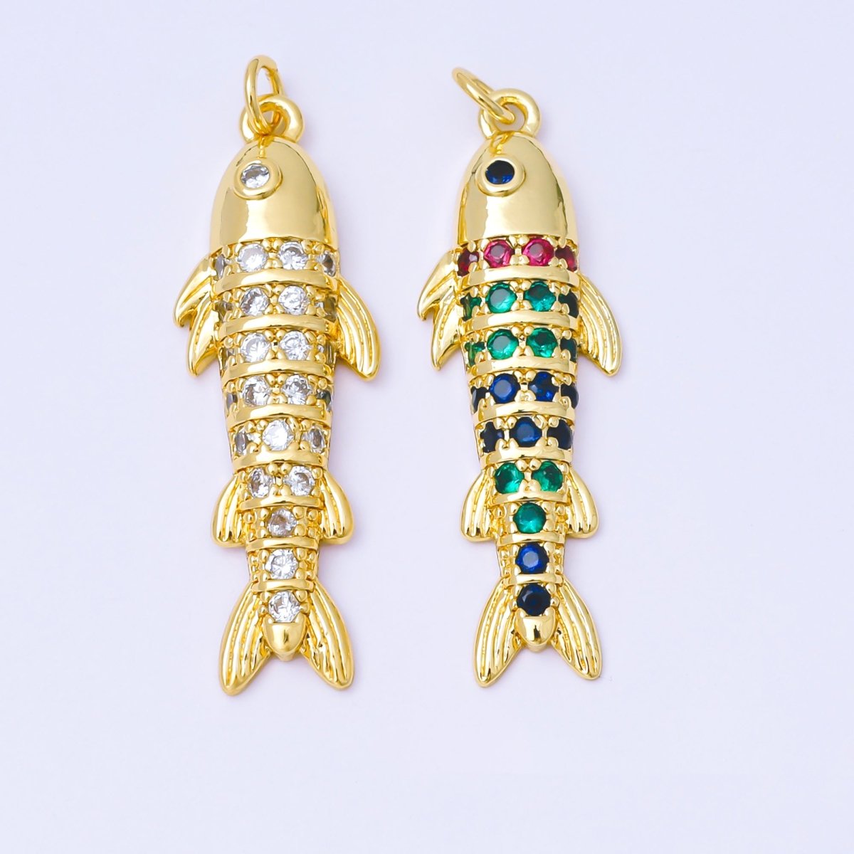 24K Gold Filled Clear, Multicolor Micro Paved CZ Sardine Salmon Fish Charm | AF1305 - DLUXCA