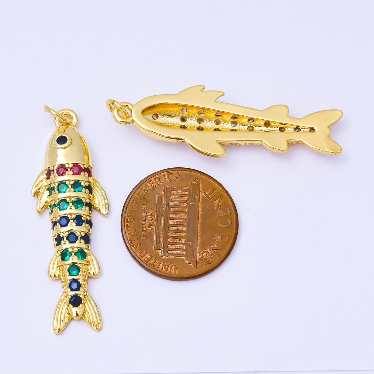 24K Gold Filled Clear, Multicolor Micro Paved CZ Sardine Salmon Fish Charm | AF1305 - DLUXCA