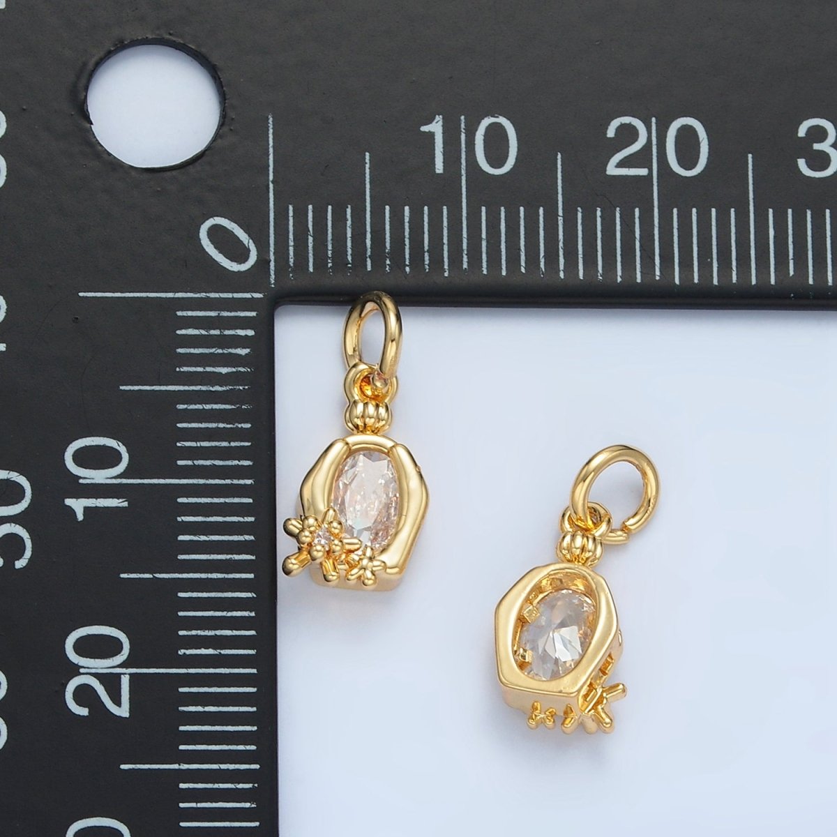 24K Gold Filled Clear Oval CZ Hexagonal Bezel Flower Charm | X300 - DLUXCA