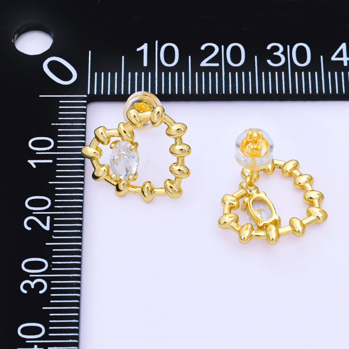 24K Gold Filled Clear Oval CZ Rondelle Lined Open Heart Stud Earrings | AI448 - DLUXCA