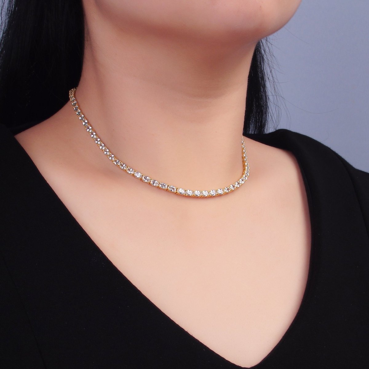 24K Gold Filled Clear Oval CZ Tennis Chain 16 Inch Necklace in Gold & Silver | WA - 3023 WA - 3024 - DLUXCA
