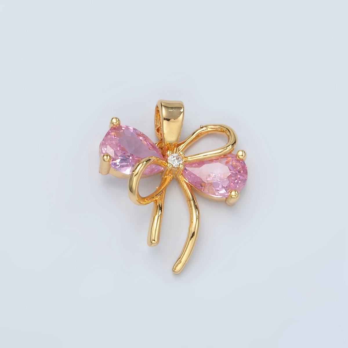 24K Gold Filled Clear, Pink CZ Bow Ribbon Pendant | H859 - DLUXCA